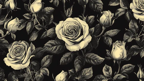 Monochrome Roses Against Black. Classical Botanical Study.