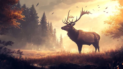 Majestic stag in golden autumn forest, digital art landscape scene.