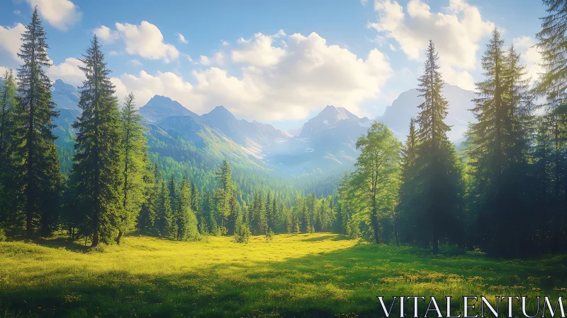 Alpine Meadow Valley Framed by Evergreen Forest and Mountain Peaks