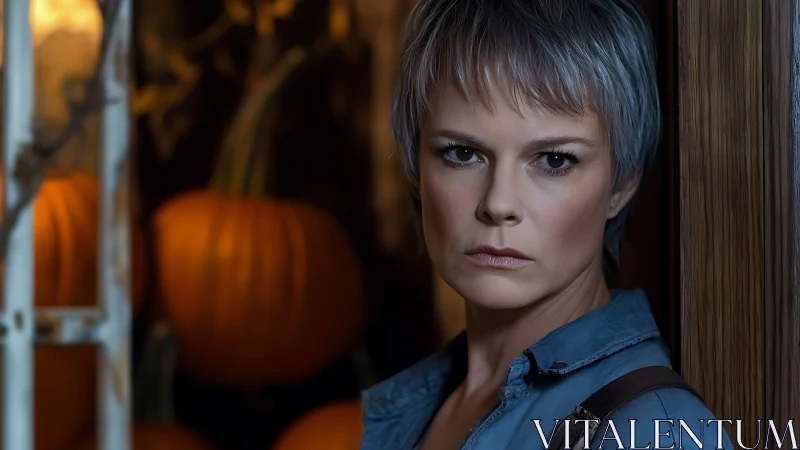 Intense silver-haired woman in denim before dim pumpkin display