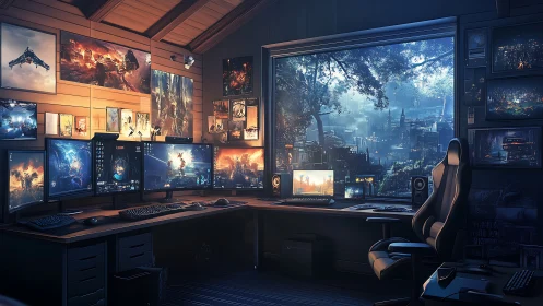 Futuristic gaming studio overlooks neon-drenched sci-fi cityscape.