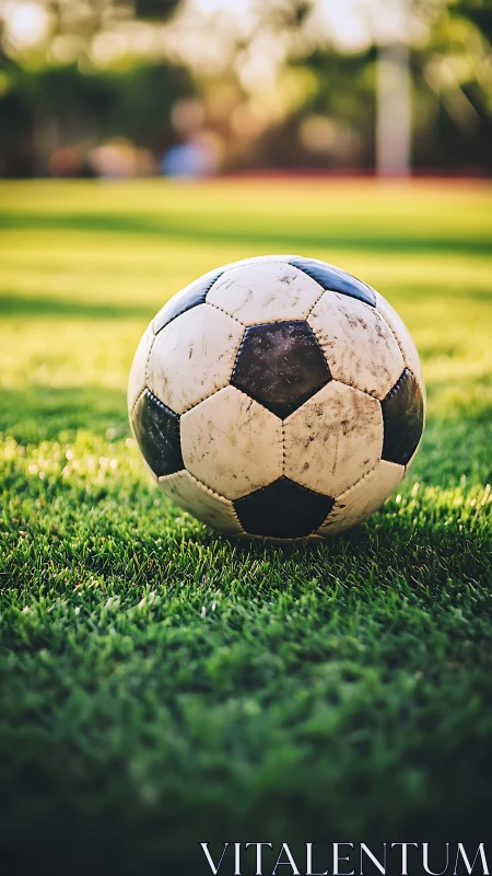Weathered soccer ball resting on vivid sunlit turf field.
