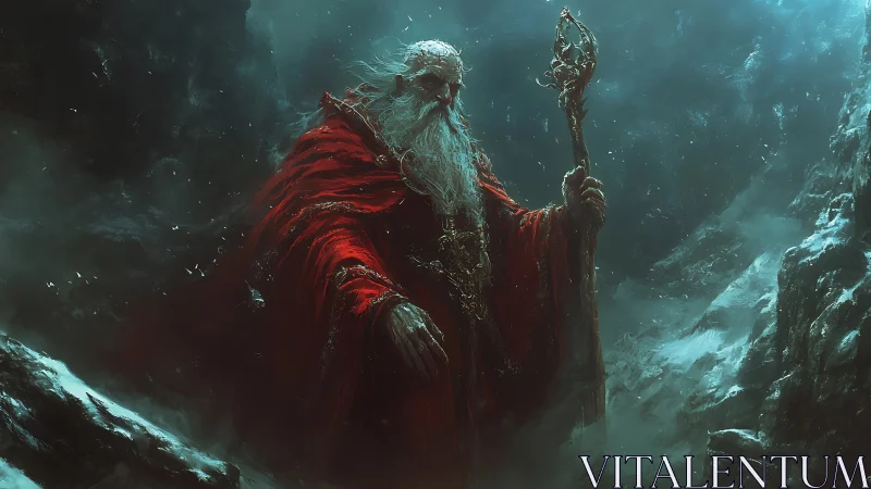 Ancient red-robed mage strides through storm-lashed icy ravine