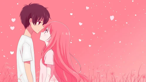 Anime couple stands face to face in pink heart-filled field