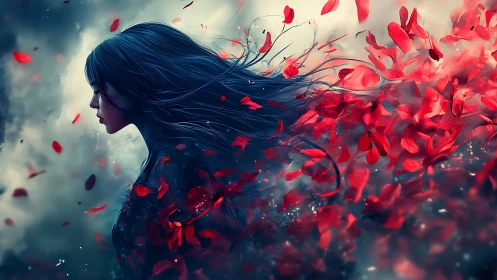 Melancholic woman dissolves into swirling red petals.