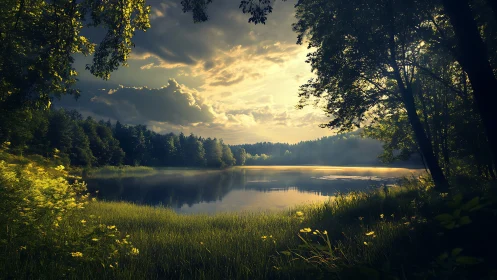 Sunlit forest lake at dawn with mist and glowing wildflowers.