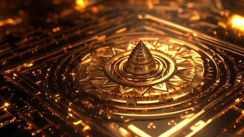 Golden fractal mandala core with concentric metallic circuitry.