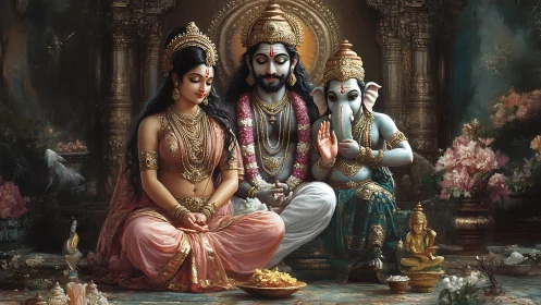Divine Hindu family seated in ornate temple interior scene.