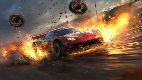 Racing car skids through fire and debris in dramatic crash.