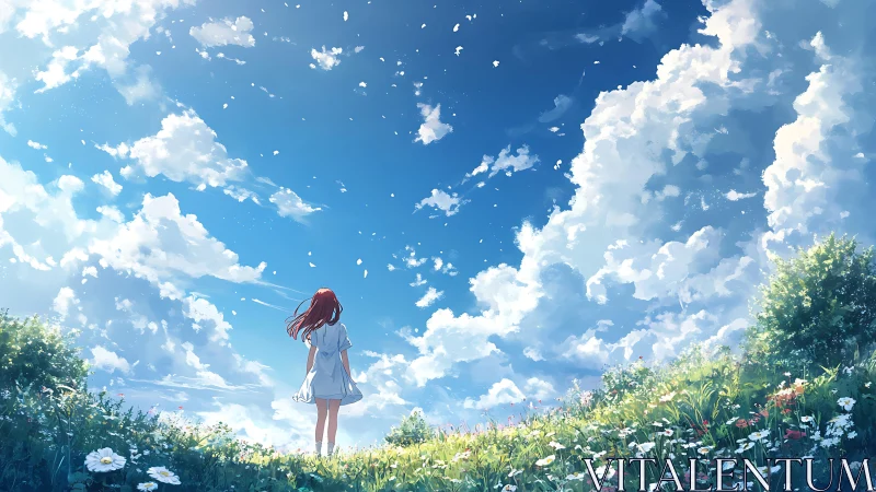 Figure stands in flower field beneath cumulonimbus cloudscape