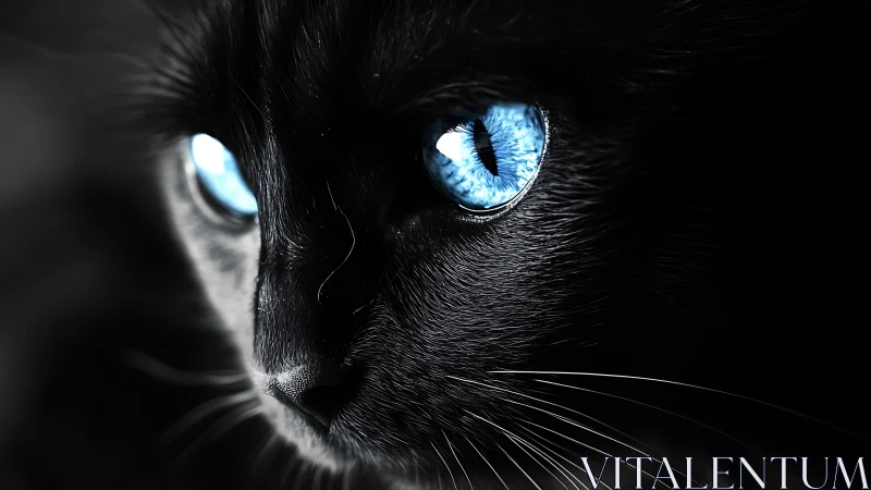 Luminous Midnight: Black Cat's Electric Sapphire Gaze.