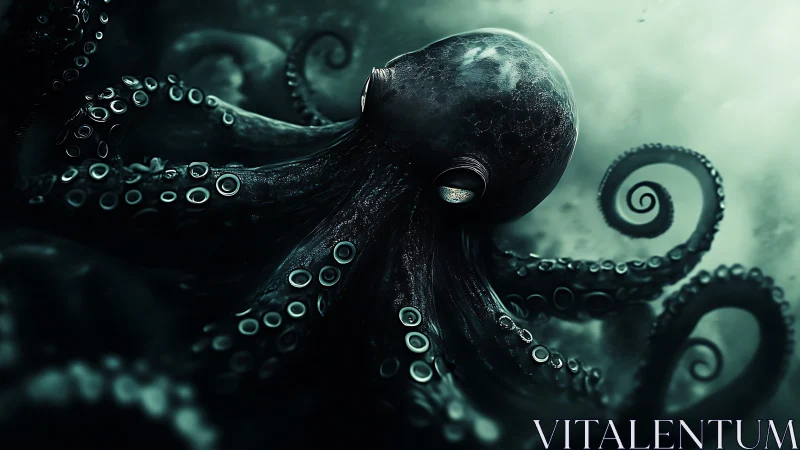 Giant dark octopus with curling tentacles underwater.