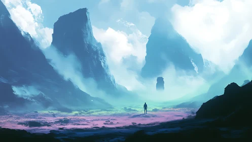 Wanderer adrift in neon mists between impossible peaks.