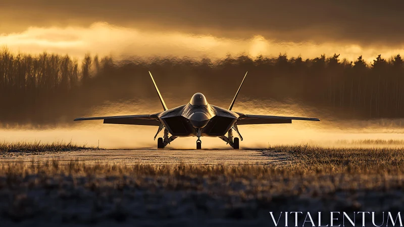 Stealth jet waits on misty runway under dramatic sunrise light