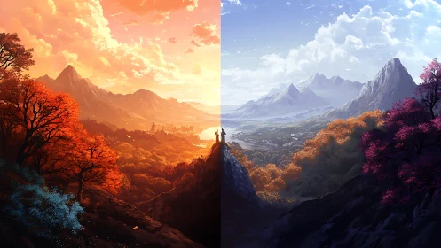 Dual-season fantasy valley split by warm and cool light.