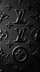 Macro study of embossed LV monogram on textured black leather.