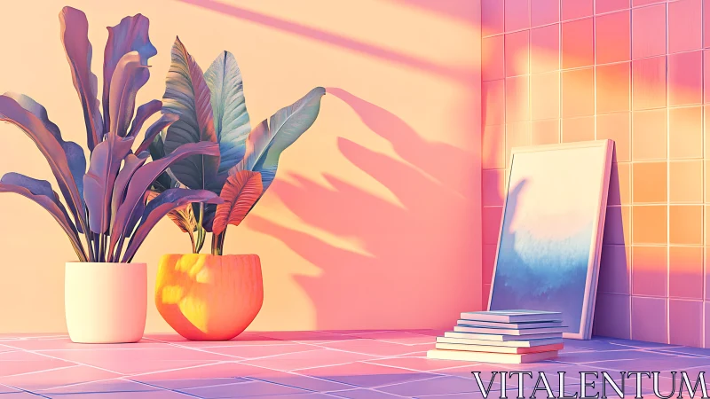 Indoor potted plants and artwork in colored tiled corner.