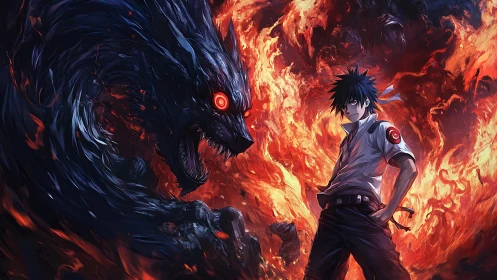 Fiery anime warrior confronts infernal wolf of living flame.