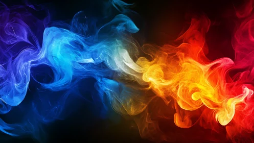 Colorful swirling smoke clouds on dark abstract background.