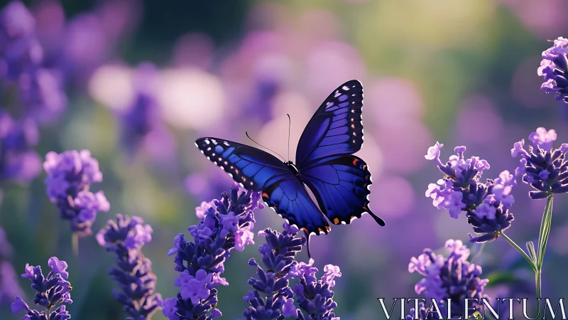 Blue butterfly rests gently amid glowing lavender blooms