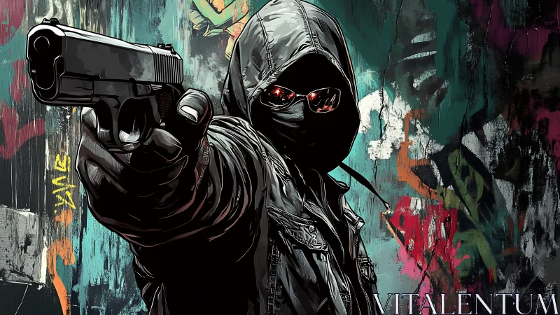 Masked gunman in hooded jacket against graffiti wall.