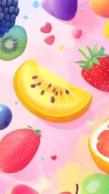 Digital painting of floating citrus and berries on pastel field.