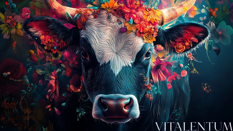 Chromatic bovine portrait with floral corona and vectorial strokes.