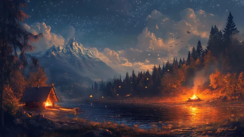 Firelit mountain lake under starlit skies reveals wilderness beauty.