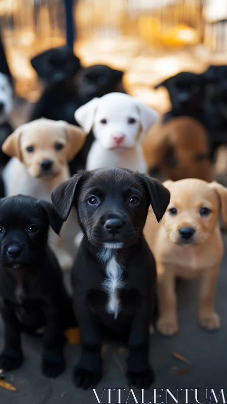 Multiple young dogs stand in shallow depth-of-field portrait