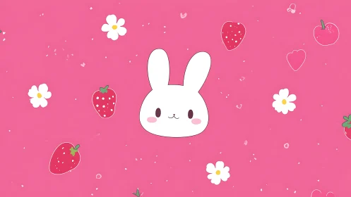 Minimal rabbit head with strawberries on flat pink field.