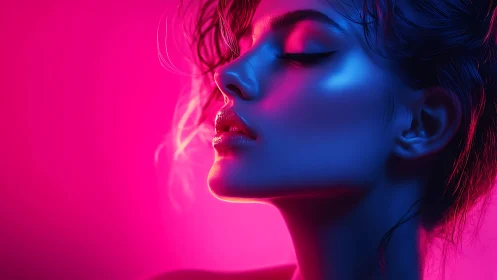 Neon-lit female profile in saturated magenta and cyan glow.