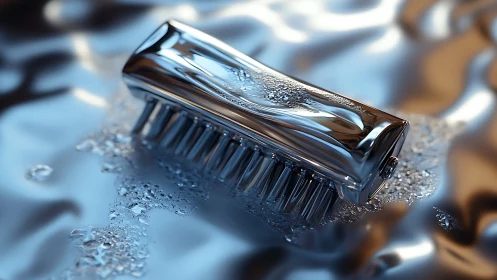 Chromed grooming brush on rippled reflective water surface.
