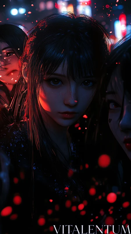 Young women in neon cityscape with red particulate glow.