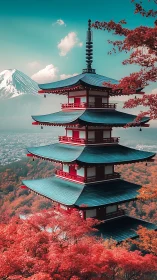 Autumn pagoda rises before snowcapped mountain under teal sky