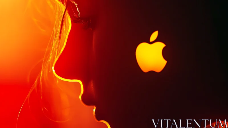 Human profile silhouette facing glowing apple logo in darkness