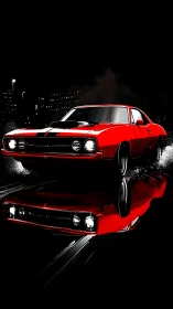 Red muscle car night drift with wet asphalt reflections rendered
