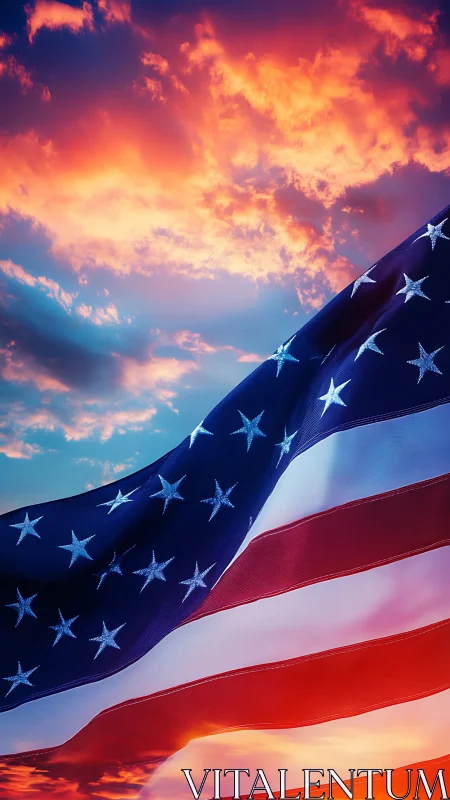 Stars and stripes billow like sunset waves across the sky