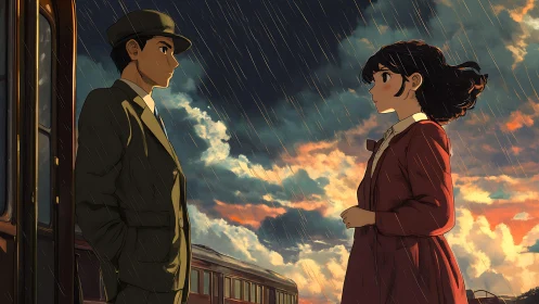 Rain-soaked anime farewell at vintage railway platform at dusk