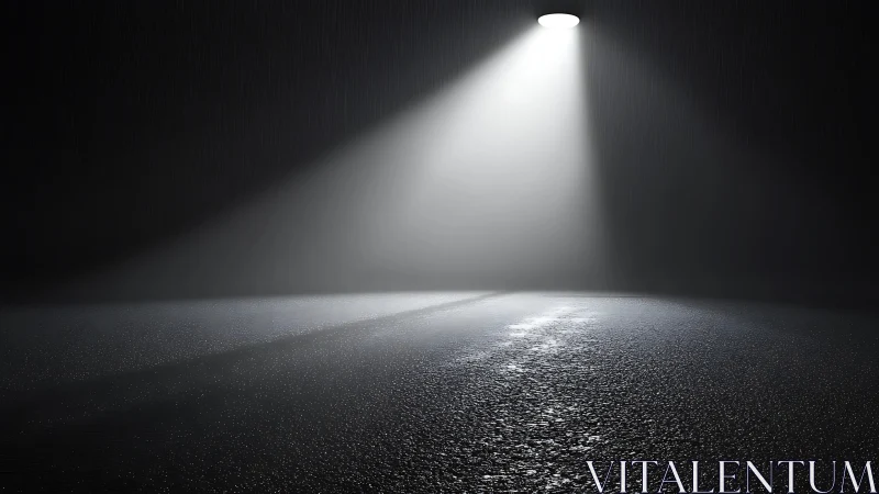 Isolated street spotlight illuminating wet asphalt at night.