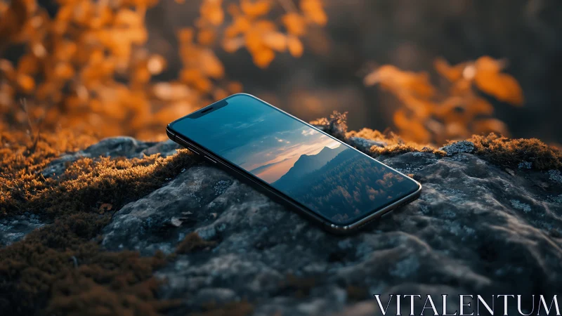 Smartphone on Moss-Covered Rock with Mountain Landscape Display.