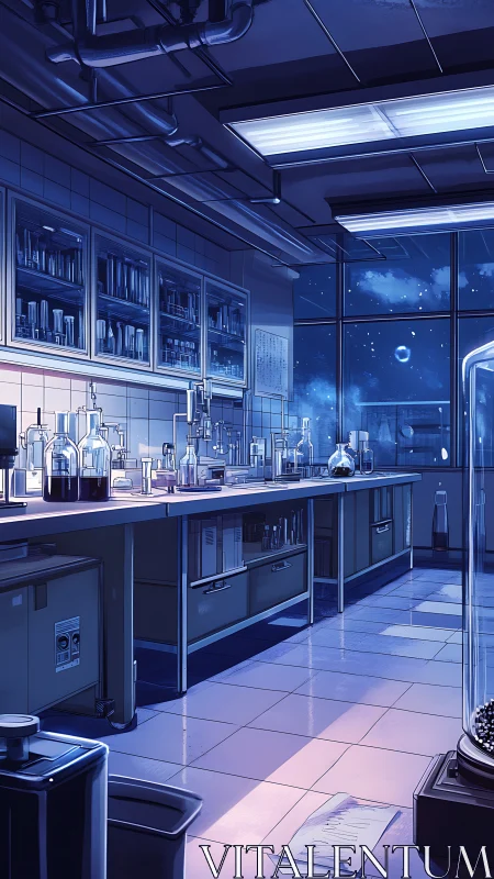 Quiet blue laboratory interior under night sky window view.