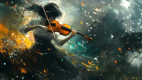 Woman plays violin amid swirling abstract color field