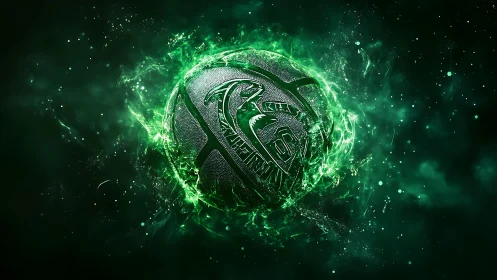 Emerald lightning slams around a cosmic basketball sigil