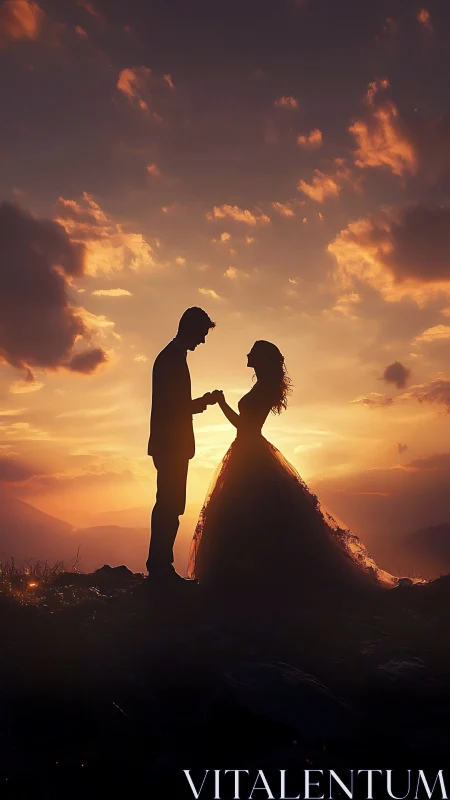 Silhouetted Couple Embracing at Golden Hour.