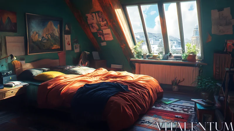 Cozy skylit attic bedroom with a bright winter view outside.