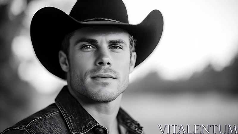 Confident cowboy gazes ahead in soft rural evening light