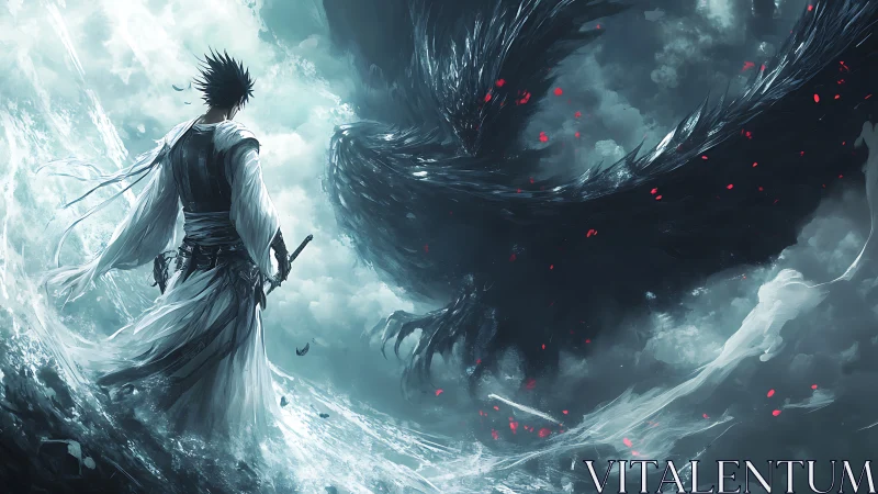 Stormbound swordsman facing colossal shadow dragon.