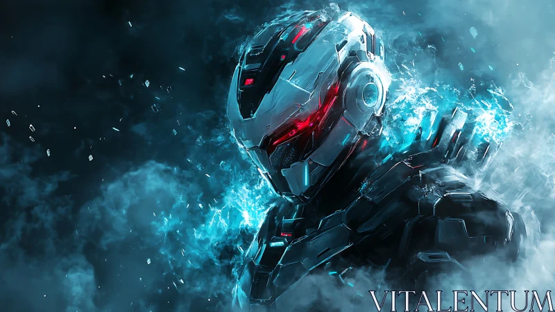 Cyborg soldier in glowing blue smoke with illuminated armor