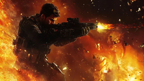 Tactical Operator in Combat Amidst Explosive Inferno