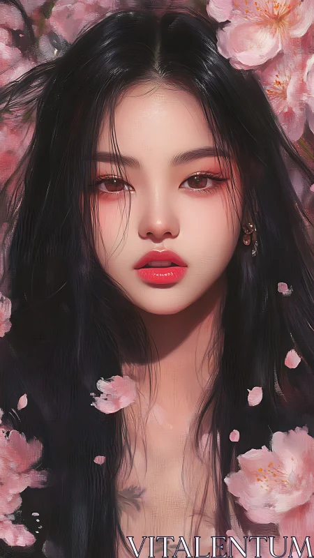 Digital portrait depicts woman framed by pink blossoms